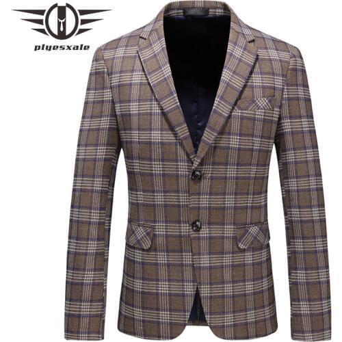 Plyesxale Slim Fit Mens Plaid Blazer Jacket 2019 Spring Autumn Casual Blazers For Men Grey Navy Blue Elegant Male Blazer Q729