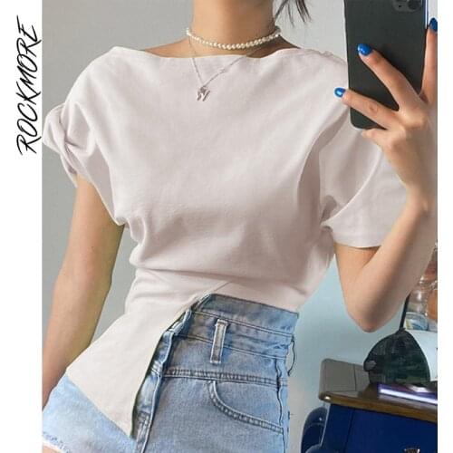Rockmore White Asymmetry Crop Top Short Sleeve T Shirt Women Casual Chic O Neck Baby Tee Summer Harajuku Y2K T-Shirt Korean 2021