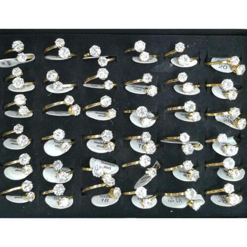 Romantic Double Crystal Ring With Gold Color Stainless Steel Ring Circle For Women 36pcs/lot