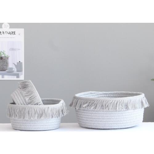 Nordic Gray Color Cotton Rope Storage Baskets With Tassel Woven Dirty Clothes Laundry Basket Desktop Sundries Organizer Hamper