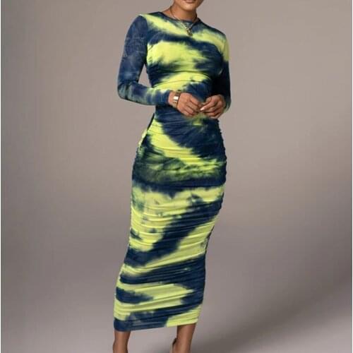 Tie-Dye Print Ruched Christmas Dress For Women Long Sleeve Sexy Bodycon Winter Dress Elastic Pleated Casual Party Dress