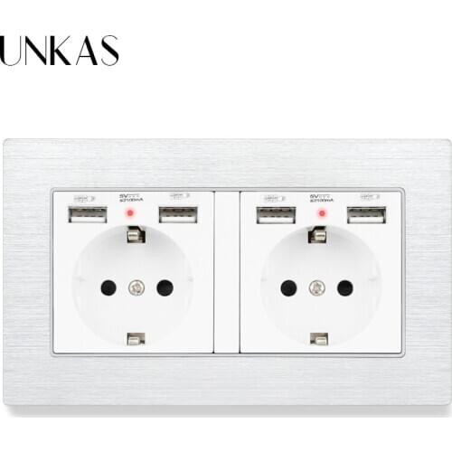 UNKAS Black Aluminum Panel EU Standard Wall Socket With 4 USB Charge Port For Mobile Hidden Soft LED Indicator