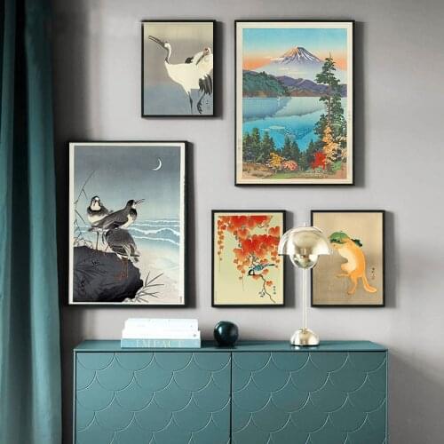 Japanese Artist Vintage Poster Peacock Bird Landscape Art Posters Classic Canvas Paintings Fox With Lotus Leaf Hat Wall Home Dec