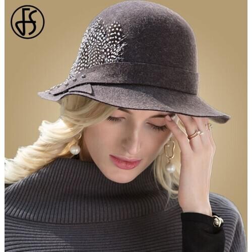 FS Winter Fedora Hat Women Wool Wide Brim Felt Cloche Hat 2020 Vintage Elegant Feather Lady Floppy Brown Black Fedoras Hats