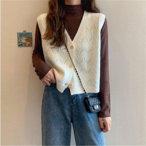 2021 Leisure Sleeveless Female Vintage Sweaters Waistcoat Korean Knitted Vest Woman Single Breasted V-neck Knitted Sweater