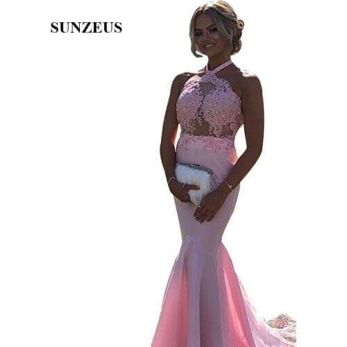 Mermaid Pink Prom Dress Halter Neck Appliques Sexy Party Gowns Long Satin Girls Formal Dress vestidos de gala longo