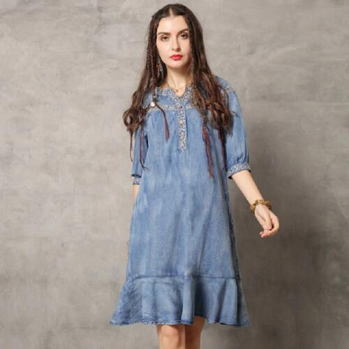 Autumn dresses 2021 women new ruffled denim elegant denim dress with pockets embroidered vintage Jeans dress women W749