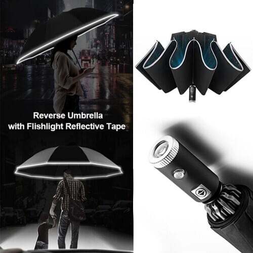 Zuodu Reflective Umbrella Mens Automatic Umbrella Flashlight Lamp Reverse Female Sunny Rain Folding Automatic UV Big Umbrella