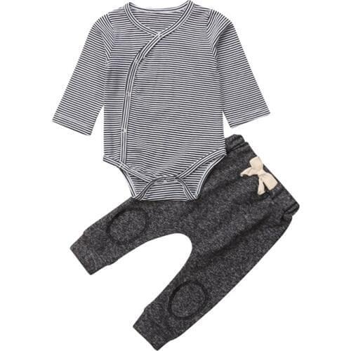 New 2 Pieces Baby Boys Stripe Cotton Long Sleeves Bodysuit Tops and Long Pants Fall Outfits Set Clothes Casual