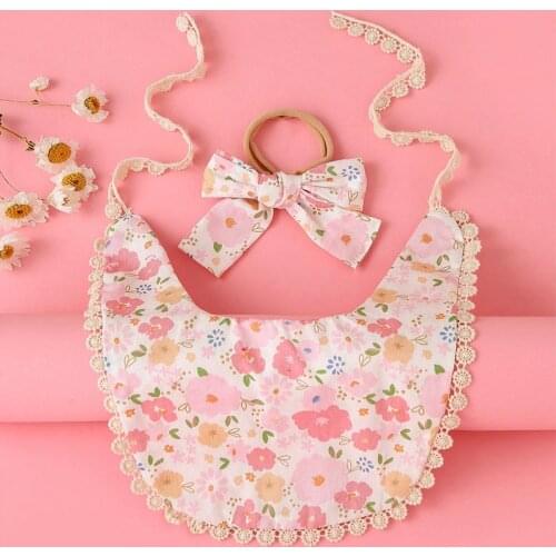 2 Pcs/set Cute Baby Bibs Headband Set Flower Fruit Print Baby Boys Bib Bandana Bibs Soft Cotton Toddler Girls Saliva Towel
