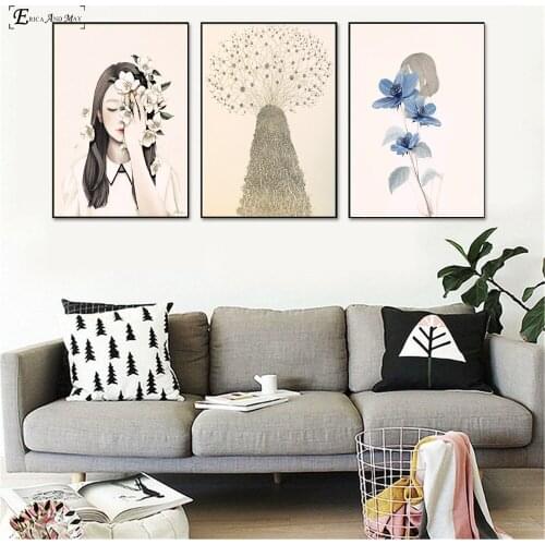 Abstract Flowers Girl Nordic Tree Canvas Printed Painting Wall Pictures Home Decor Posters And Prints Art For Living Room