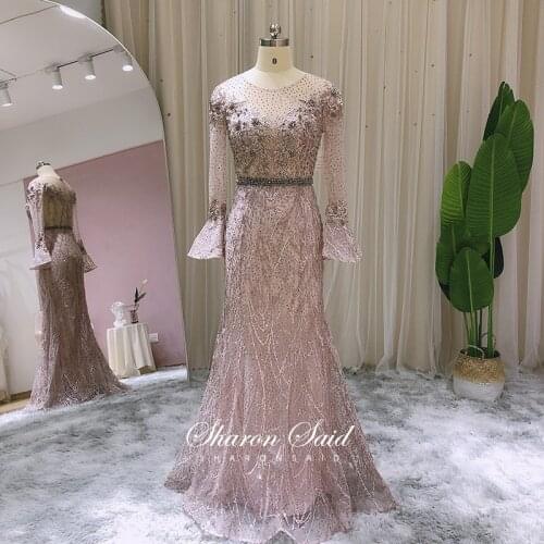 Arabic Pink Mermaid Long Sleeve Muslim Evening Dresses for Women 2021 Dubai Wedding Party Dress Turkey Formal Prom Gowns Stock