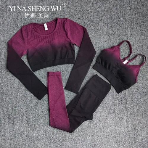 3Pcs Seamless Yoga Set Fitness Sportswear Suits Workout Clothes for Women Long Sleeve Crop Top Sports Bra Leggings Gym Clothing