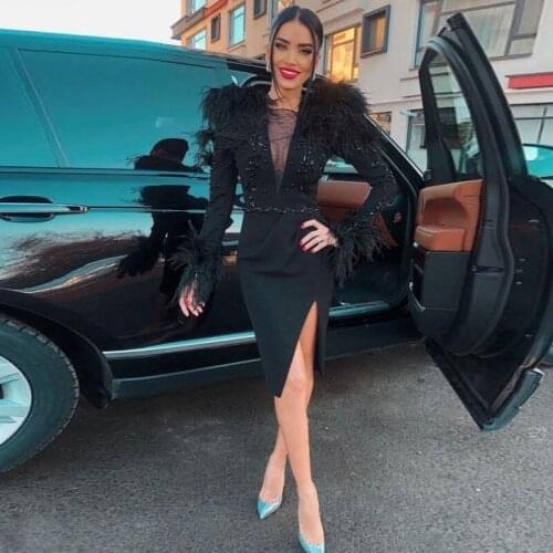 Black Feather Long Sleeves Prom Dresses Sexy See Through Neck Beaded Top Evening Gowns South African Side Split Party Dress