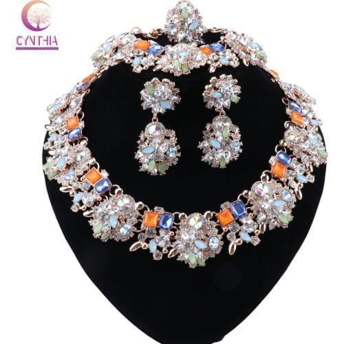 CYNTHIA Gorgeous Bridal Jewelry Sets AB color Crystal Necklace Earring Bracelet Ring Women Brides Party Jewelry Sets Accessories