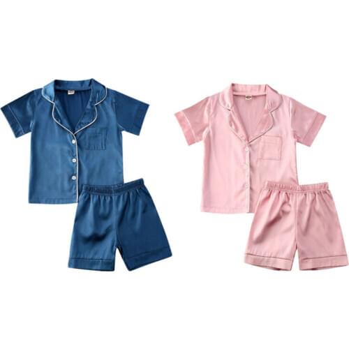 Kids Baby Boys Girls Silk Pajamas Sleepwear Outfit Shirt + Pants Nightwear Set