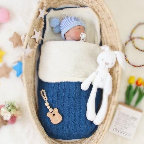 Baby Envelope Sleeping Bag INS Nordic Knitted Plus Velvet Wrap Blanket Thicken Warm Outdoor Baby Stroller Anti-kick Quilts