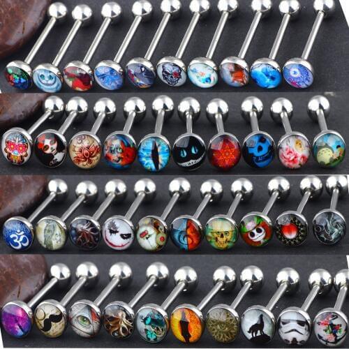 Fanpeijy 1/5pcs mix 5 logo Surgical Steel Metal Tongue Rings Barbells Funny Nasty Wordings Picture Logo 14G Woman Nipple Rings