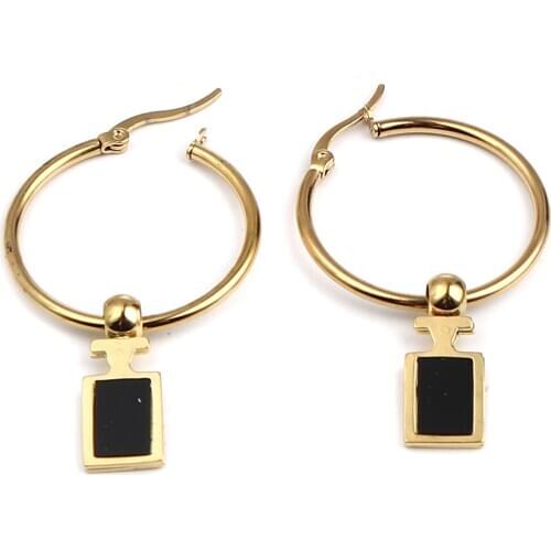 Quality Allergy Ear Ring Stainless Steel And Acrylic Ring Earring Gold Plated Black Perfume Bottle 48mm x 29mm, 1 pairs