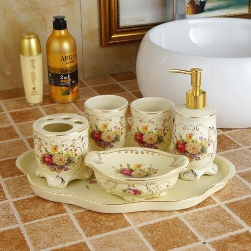 Bathroom Accessories Set Ceramic Soap Dispenser Toothbrush Holder Gargle Cup Soap Dish Bathroom 5 Pieces Set Wedding Gifts