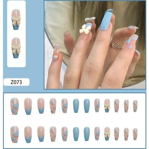 24Pcs/Box 3D Cloud bow False Nails Adhesive Sliders Nail Sticker Wear Long Manicure Patch Fully Covered DIY Nail Art Decoration