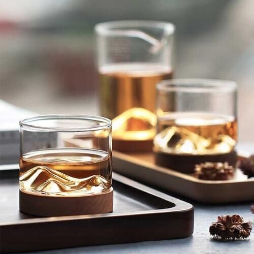 Creative Mountain Cup Tea Mug Transparent Coffee Cup Wooden Base Heat Resistant Whiskey Glass Wine Water Bottle Drinkware Cup