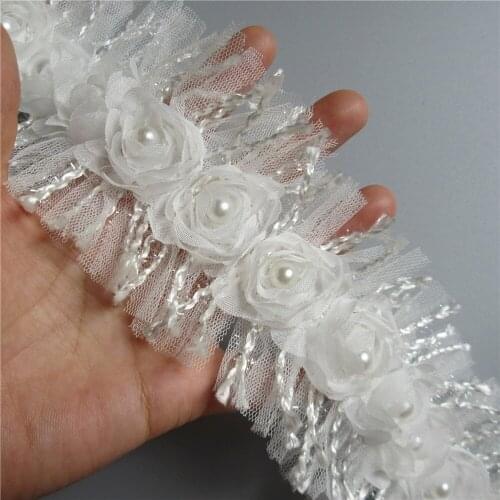 10x Pearl Chiffon 3D Rose Flowers Embroidered Lace Trim Ribbon Net Fabric Wedding Dress Clothes Sewing Craft Width 75mm White