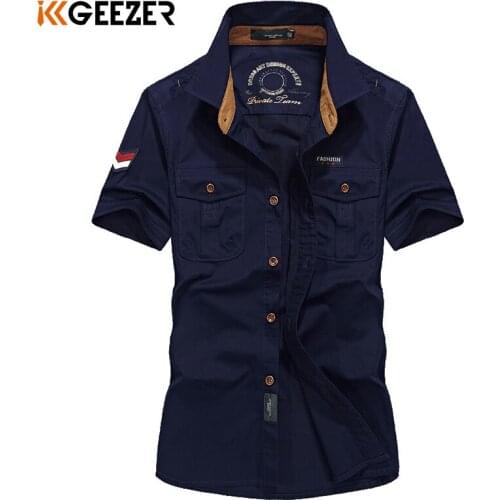 Shirt Men Military Tool Shirts Blue 100% Cotton Short Sleeve High Quality Army Green Male Casual Shirt High Quality Dropshipping