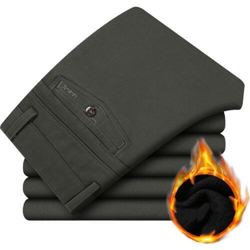 Mens Winter Casual Fleece Warm Business Pants Classic Slim Fit Men Office Overalls Suit Trousers Male Pure Wedding Dress 2XMR23