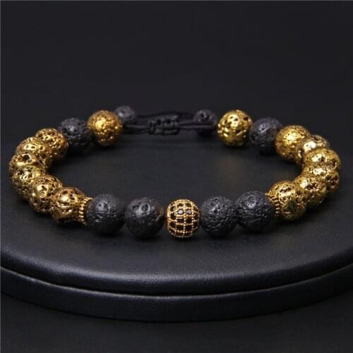 Men Braided Bracelet Natural Lava Stone Alloy Ball Charm Bracelet Volcanic Essential Oil Diffuser Yoga Chakra Energy Jewelry