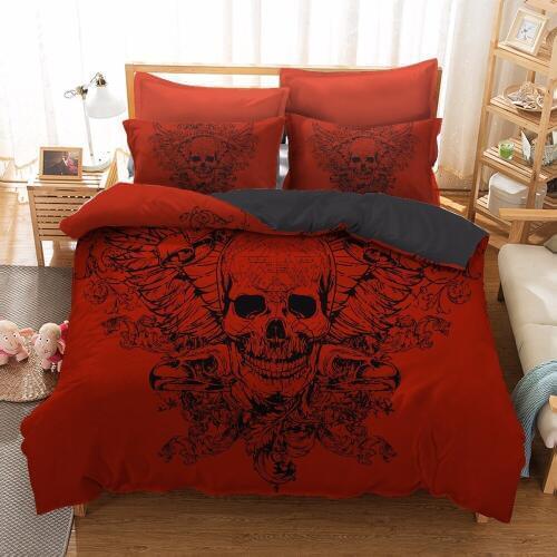 3D Red Skull Duvet Cover Set,Horror Style Skull with Plants US AU EU Size Bedroom Decor Bedding Set with Pillowcases Microfiber