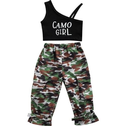 1-5Y Girls Clothes Sets Kids Black Sleeveless Off-the-shoulder Letter Print Tops Camouflage Pants 2pcs Outfits Summer Clothing