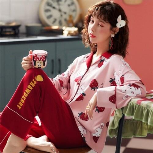 Spring Autumn 2020 Pajamas Womens Long Sleeve Cardigan Cotton Nightgown Pineapple Home Wear 2Pcs Set Nightwear Sleepwear