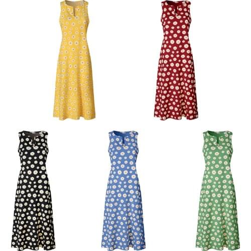 Women Summer Daisy Print Dress, Sleeveless V-Neck Ankle Length Dress with Side Pocket