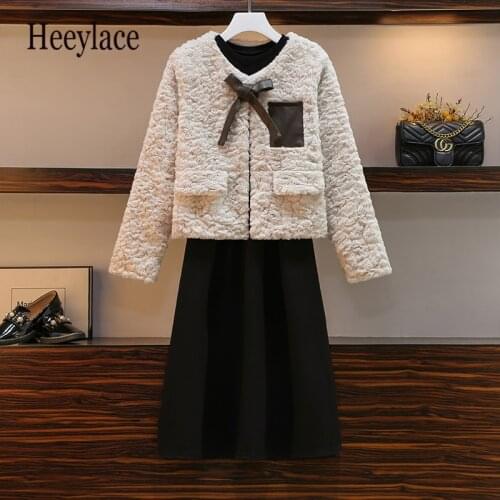 Plus Size Women Korean 2 Pieces Set Autumn Winter Warm Wool Lamb Coat And Long Sleeve Solid Mini Dress Office Dresses Jacket Set
