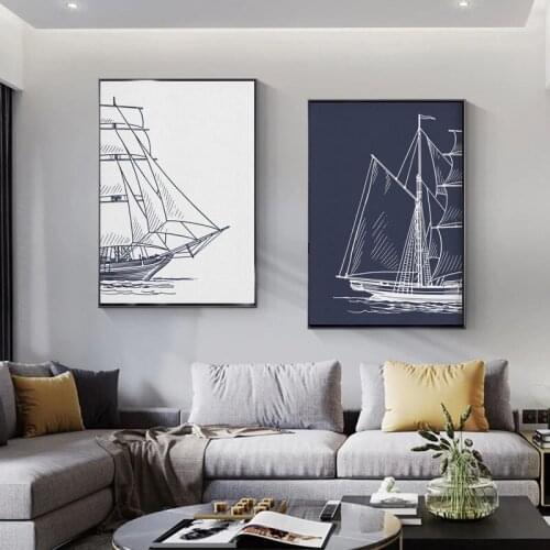 Nordic Hand Painted Sailing Nautical Boat Canvas Painting Wall Art Picture Ship Navy Artwork Living Room Picture Home Decoration