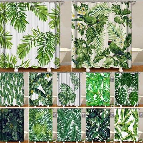 Rainforest Plants Leaves Bathroom Curtains with 12 Hooks Modern Shower Curtain Banana Leaf Waterproof Bathtub Screen Home Decor