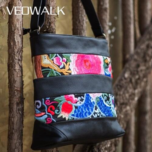 Veowalk Retro Flower Embroidered Women Cotton Fabric PU Patchwork Crossbody Bag Ladies Striped Large Shoulder Bags Single Belt