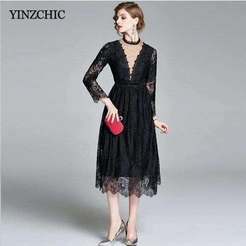 Woman Summer Black Lace Dress Stand Collar Female Casual Midi A-line Skirt Dress Hollow-out Laces Mesh Partry Dress for Lady