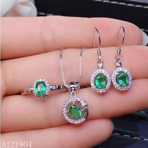 KJJEAXCMY boutique jewels 925 sterling silver inlaid natural emerald female pendant necklace ring earrings set support detection
