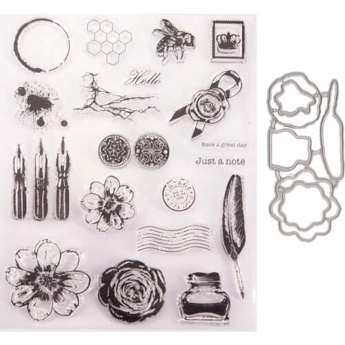 2121 Flower Feather Pen Stamp and Dies Transparent Clear Silicone Stamp Cutting Die Set for DIY Scrapbooking Photo Decorative