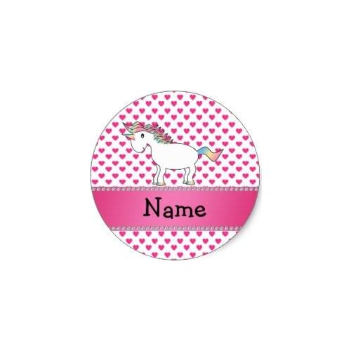 3.8cm Personalized name unicorn pink hearts classic round sticker