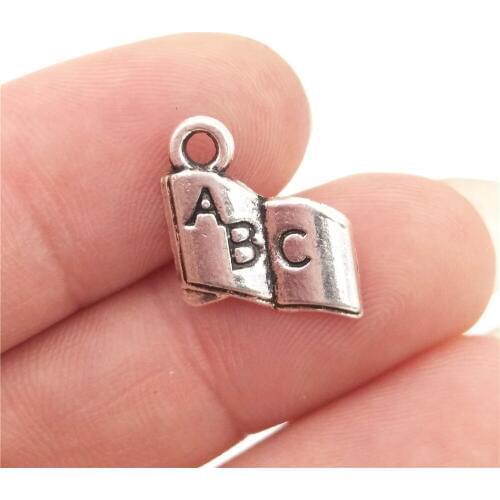BULK 30pcs Zinc Alloy Metal ABC Book Charms Antique Silver Plated Schook Teacher Pendants for DIY Jewelry Making 11*12,, 0.6g