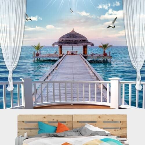 3d Stereo Fake Window Beach Natural Scenery Tapestry Cloth Live Net Red Background Cloth Bedroom Dormitory Bedside Wall Cloth