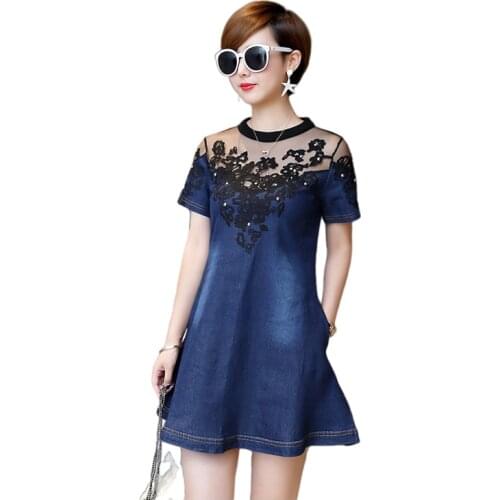 4Xl Plus Size Denim Dresses For Women Mesh Lace Denim Dress Embroidery Summer A-Line Jeans Dresses Woman Short Sleeve Thin Dress