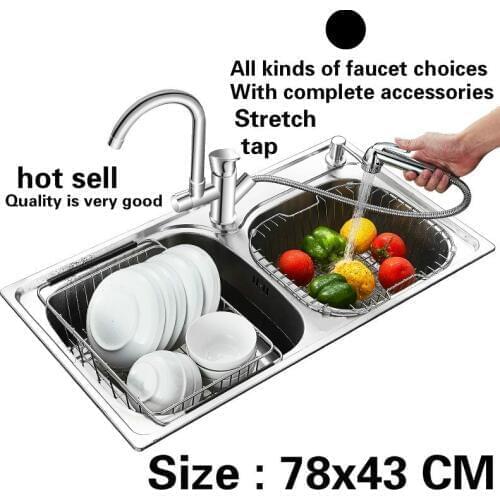 Free shipping 304 stainless steel double groove big standard kitchen sink stretch tap wash dishes 780x430 MM