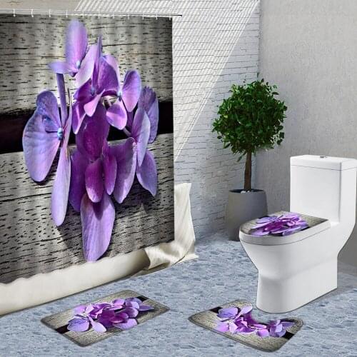Wood Board Purple Flower Shower Curtains 4 Sets Plants And Flowers Idyllic Landscape Bath Curtain Toilet Door Mats Carpet Rugs