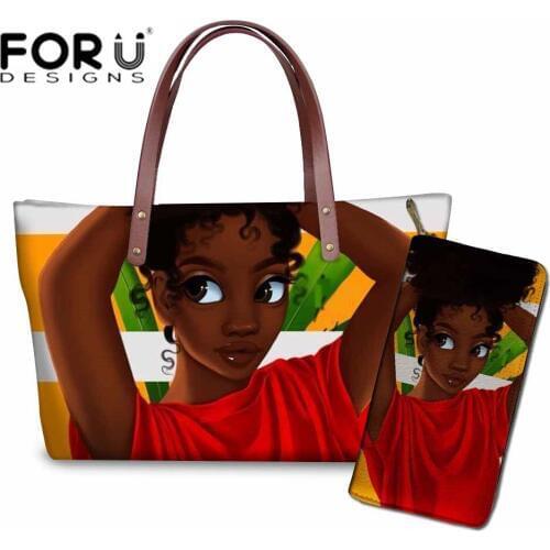 FORUDESIGNS 2pcs/set Women Handbags&Wallet for Women Travel Hand Bag Ladies Black Art African Girls Printing Top-Handle Bags