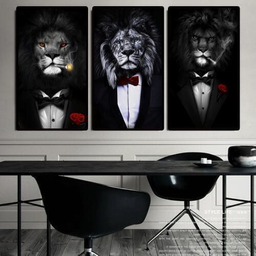 Black Wild Lion in a Suit Canvas Art Posters And Prints Abstract Lion Smoking a Cigar Canvas Paintings On the Wall Art Pictures