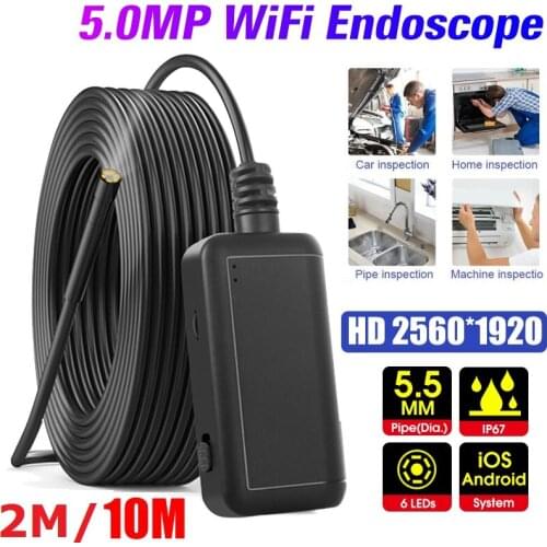 2m/10m 6 LEDs WiFi Inspection Camera IP67 Waterproof 5.5MM Hard Wire Pipe HD Endoscope Borescope For iOS Android